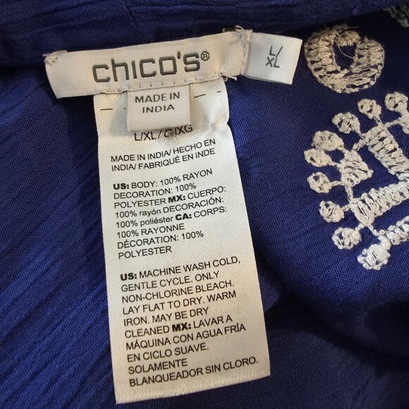 CHICO'S Womens Open Front Kimono Duster Size L XL Bright Blue White Embroidery - Picture 7 of 7